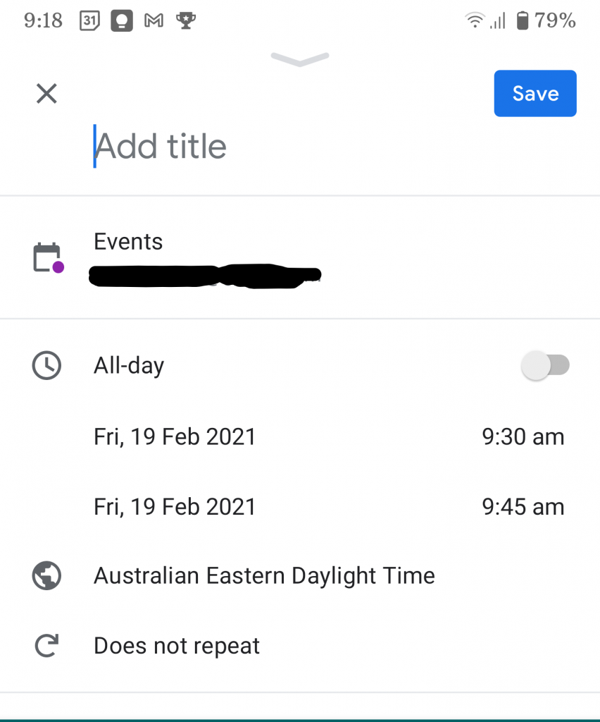 Screenshot showing a meeting that was created on a mobile and will sync to Google Calendar on the PC