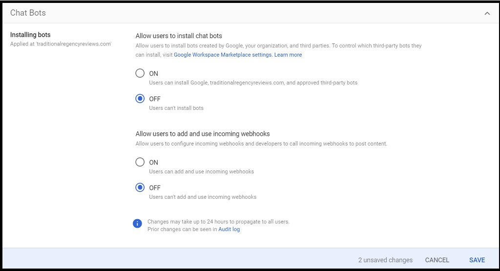 Screenshot of Google Chat Bot settings