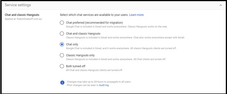 Screenshot of Google Chat service settings in Google Workspace Admin console with Chat only selected 