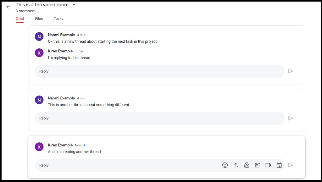 Screenshot showing example of a threaded room in Google Chat Rooms