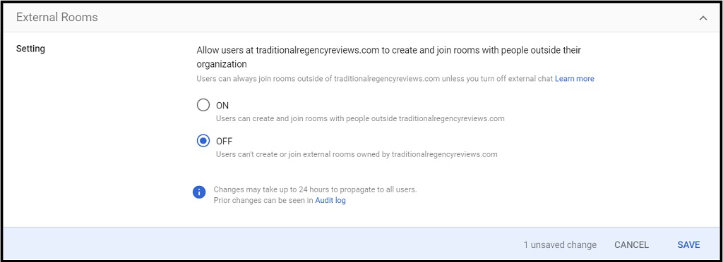 screenshot of Google Chat External Room settings
