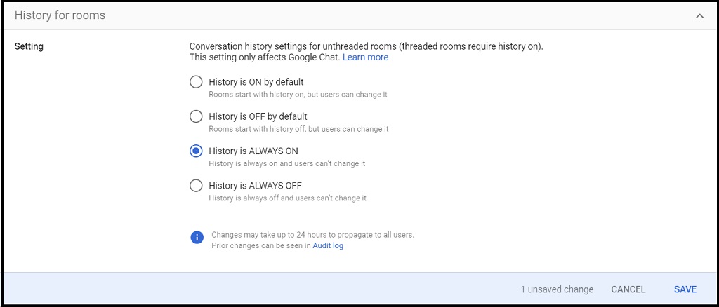 screenshot of Google Chat history settings for rooms