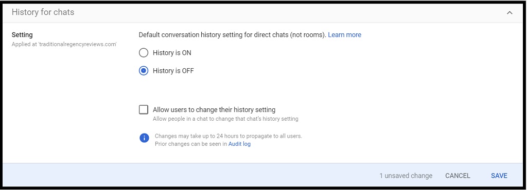 Screenshot of Google Chat history settings