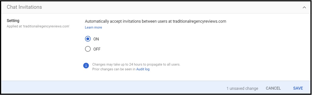 screenshot of Google Chat invitations settings