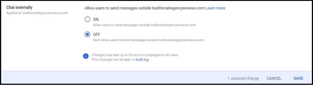 screenshot of Google chat externally settings