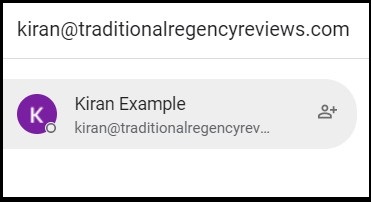 Example of searching by full email because contact sharing is turned off in Google Chat