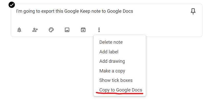 Google Keep export to Google Docs menu item