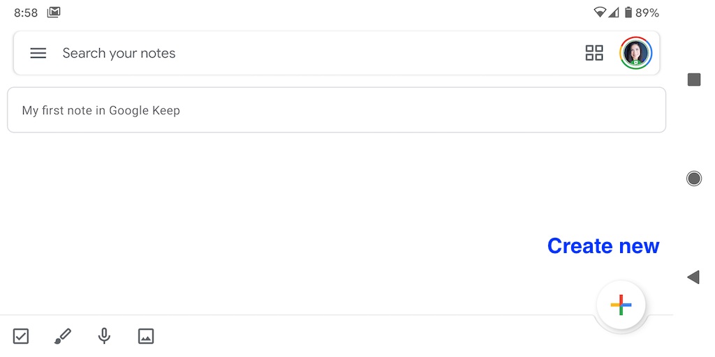 Creating a Google Keep note on the mobile