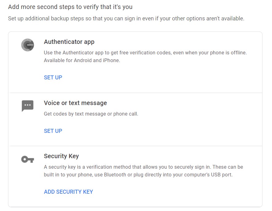 add security key for 2 step verification on phone
