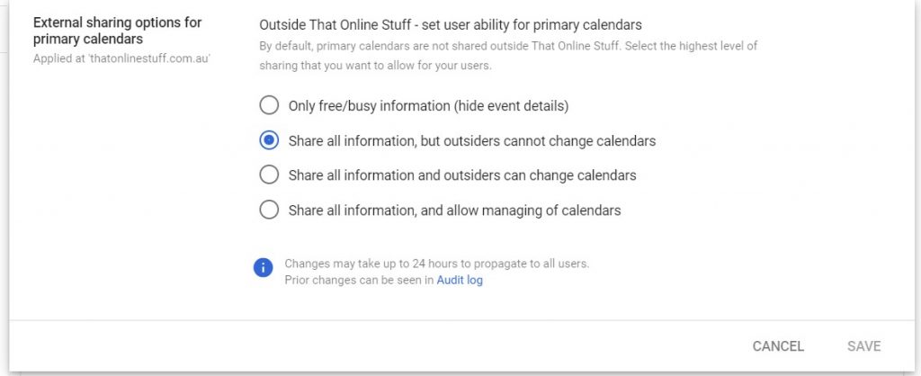 external sharing options for Google Workspace calendars