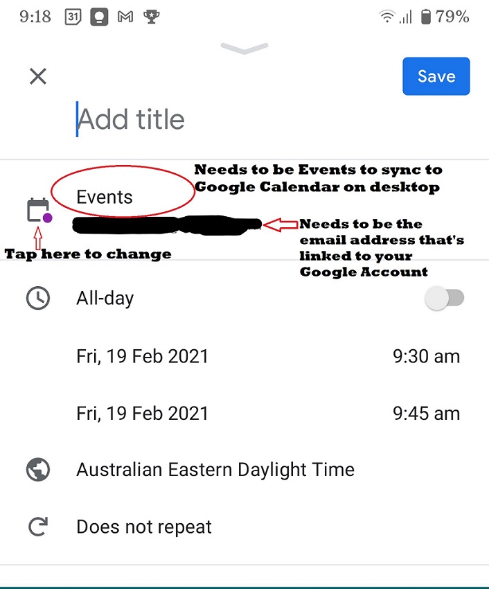 screenshot of what is required to sync an event from mobile Google Calendar to PC Google Calendar