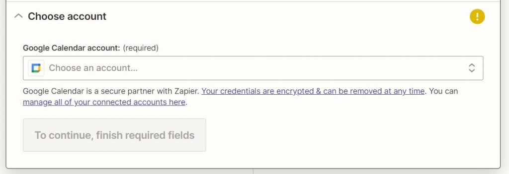 Screenshot of 'Choose an account' in Zapier setup 
