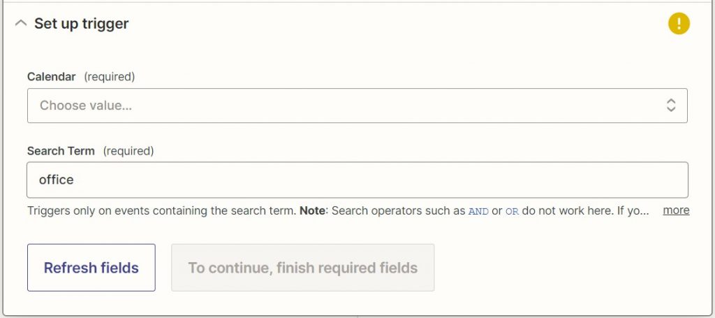 Screenshot of 'set up trigger' step needed to sync Google Calendars through Zapier