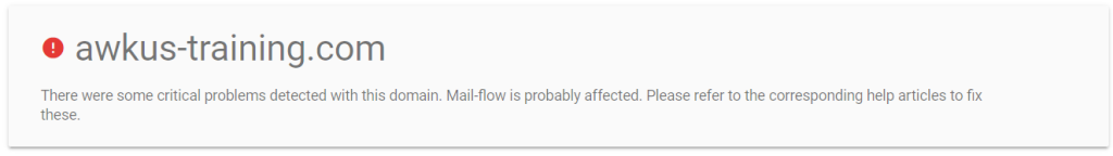 Screenshot showing an issue with a domain's MX records so they can't receive emails