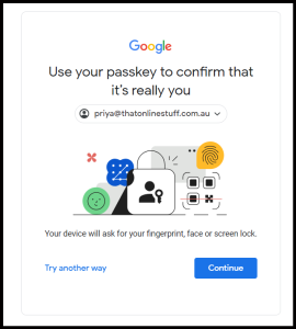 Splash screen shown when logging into Google Workspace using a passkey