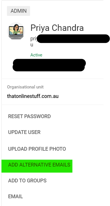 Image of User options in Admin Console to add Alternate emails