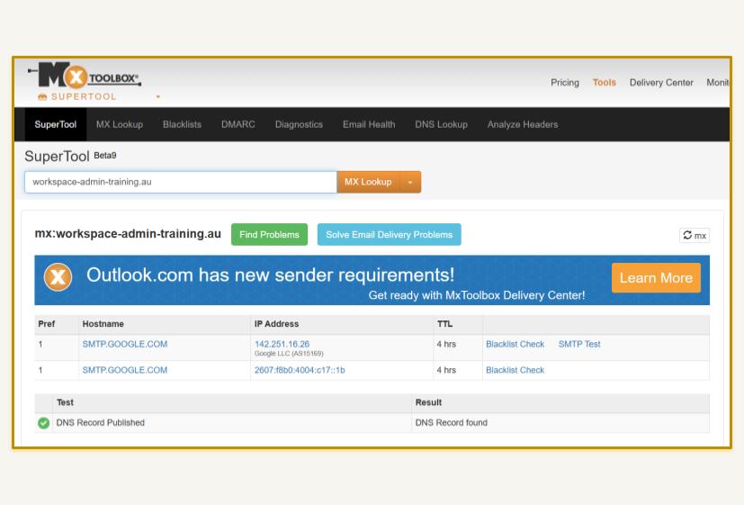 A screenshot enclosed in a gold border showing an MX lookup on the MXToolbox "SuperTool" website for the domain "workspace-admin-training.au". The results table displays two rows for the hostname "SMTP.GOOGLE.COM" with a preference of 1 and a TTL of 4 hours—one with an IPv4 address (142.251.16.26) and one with an IPv6 address. At the bottom, a green checkmark highlights a passing test labeled "DNS Record Published" with the result "DNS Record found".