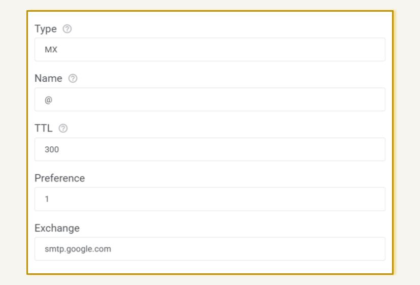 A web form enclosed in a gold border showing configuration fields for a DNS MX record. The fields are filled out with the following values: Type is "MX", Name is "@", TTL is "300", Preference is "1", and Exchange is "smtp.google.com".